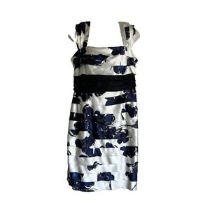 Blue Satin Floral Tiered Pleated Cocktail Sheath Dressy Womens Dress Size 12P
